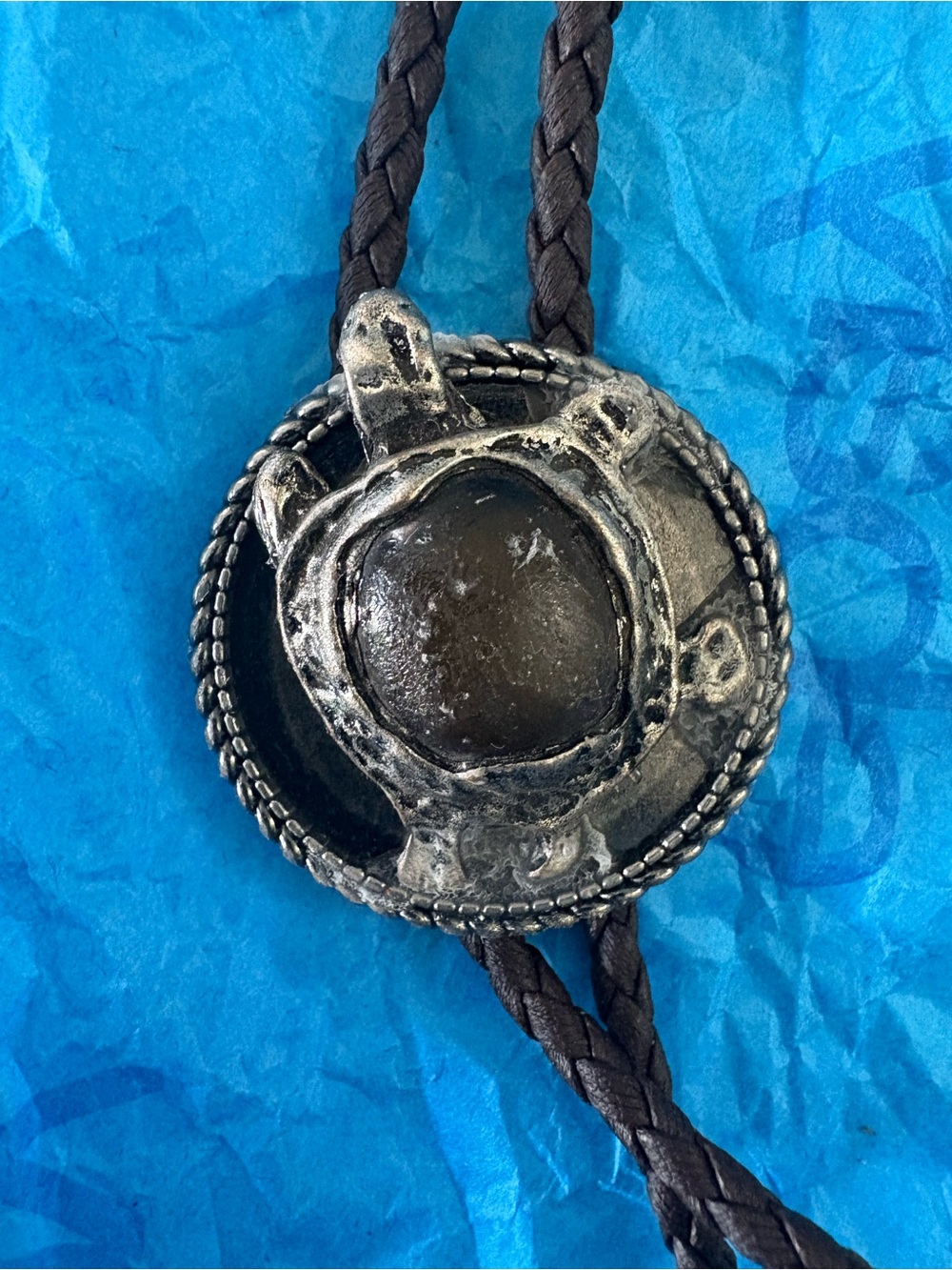 Silver Turtle Medallion Bolo Tie with Brown Braided Cord